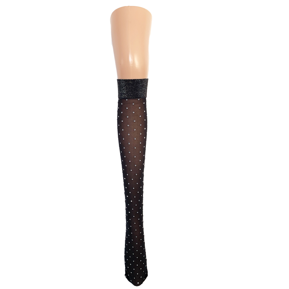 Rhinestone Polka Dot Run-Resistant Black Thigh-High Stockings